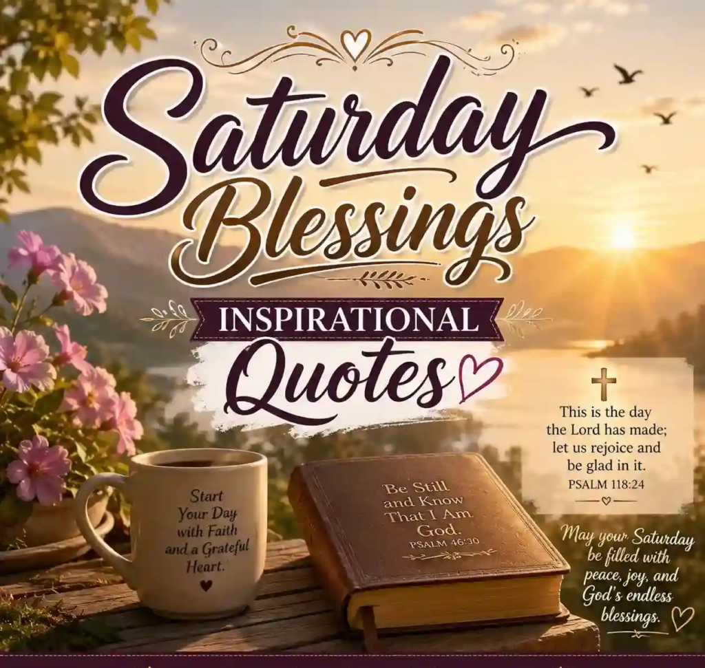 Sunrise over peaceful lake with flowers, coffee mug, Bible and elegant βSaturday Blessings Inspirational Quotesβ text, iloveblessing.com