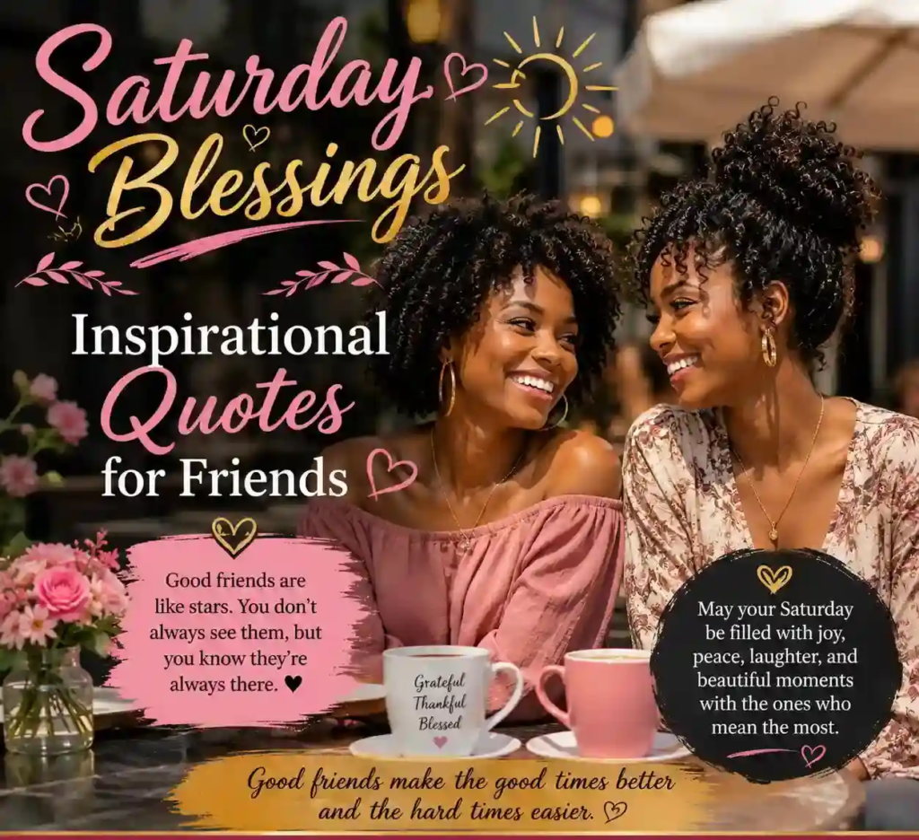 Saturday Blessings inspirational graphic with sunrise, Bible, flowers and coffee mug, featuring faith quotes and iloveblessing.com.