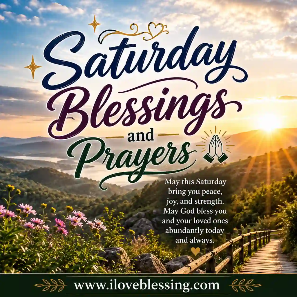 Sunrise over green hills and river with wooden path, flowers, prayer-themed text, and website footer