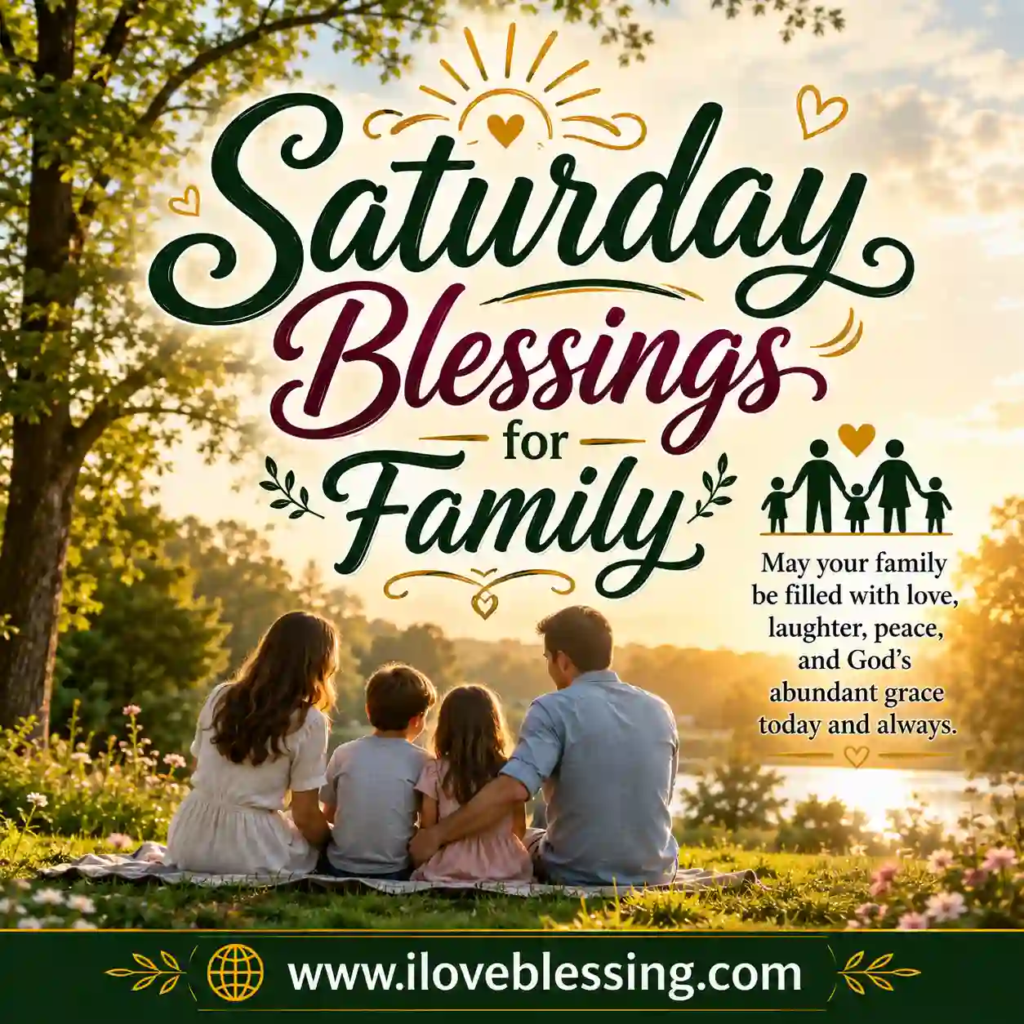 Family sitting by lakeside at sunset in park, surrounded by trees and flowers, blessing text.