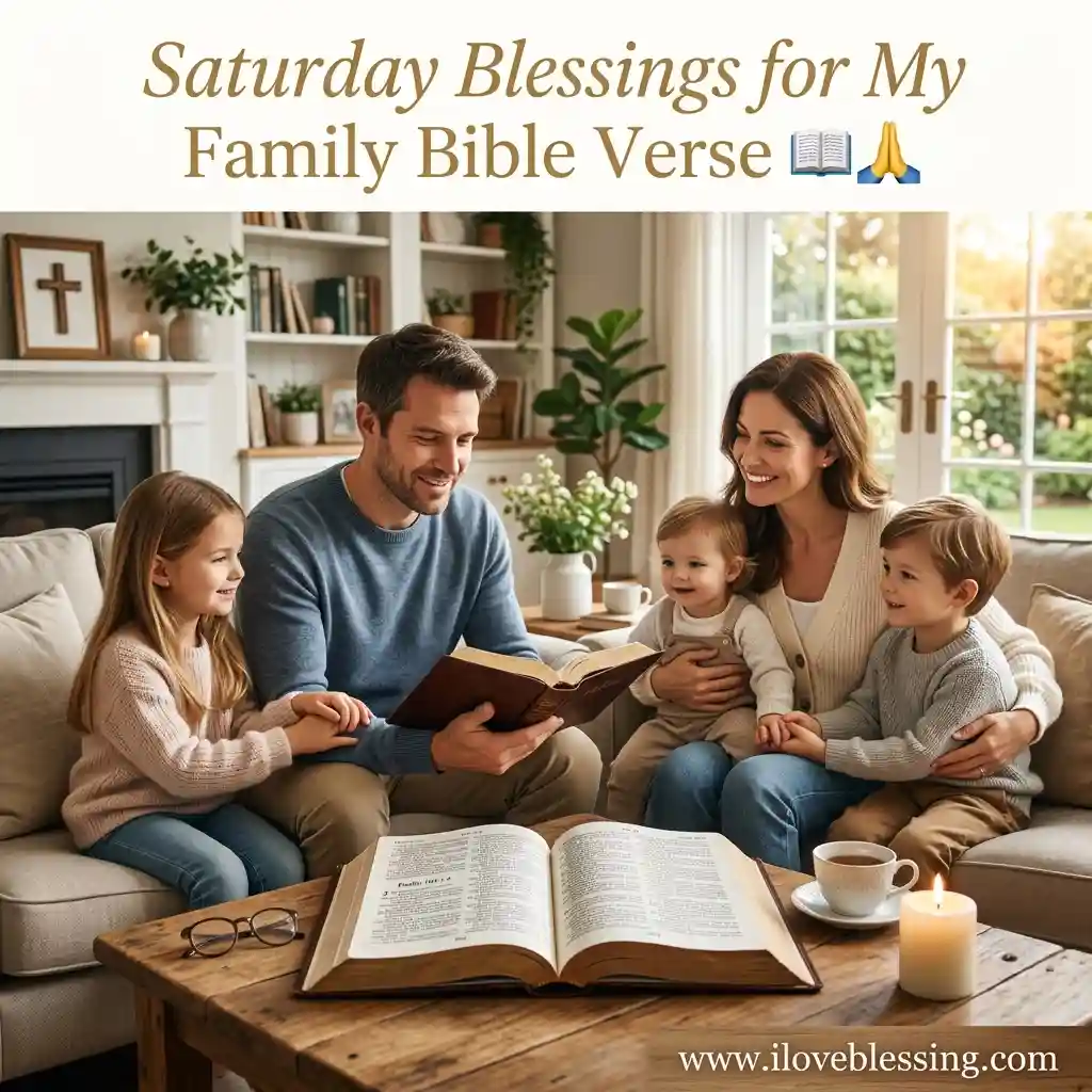 A joyful family sits together on a sofa, reading a Bible. A large book, candle, and coffee cup are on the table. The ambiance is warm and peaceful.