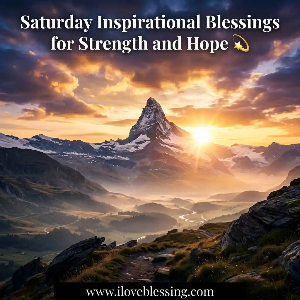 Sunset over a majestic mountain, casting golden light on the valley below. Text reads: "Saturday Inspirational Blessings for Strength and Hope."