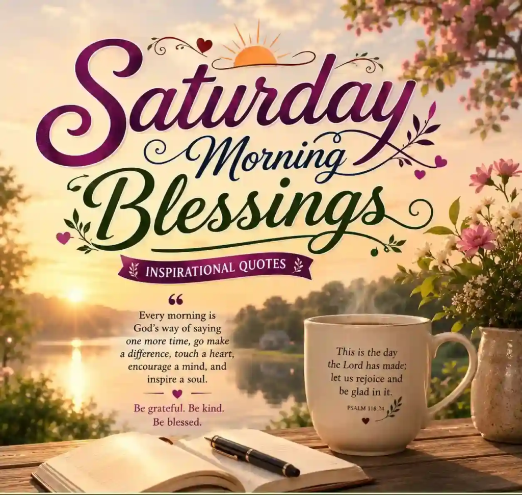 Saturday Morning Blessings graphic with sunrise lake, flowers, notebook and coffee mug, featuring inspirational faith quotes and hope.