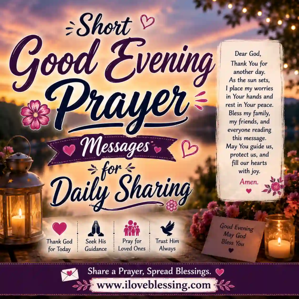 Good evening prayer poster with sunset lake view, glowing lanterns, floral accents, and inspirational daily sharing message.