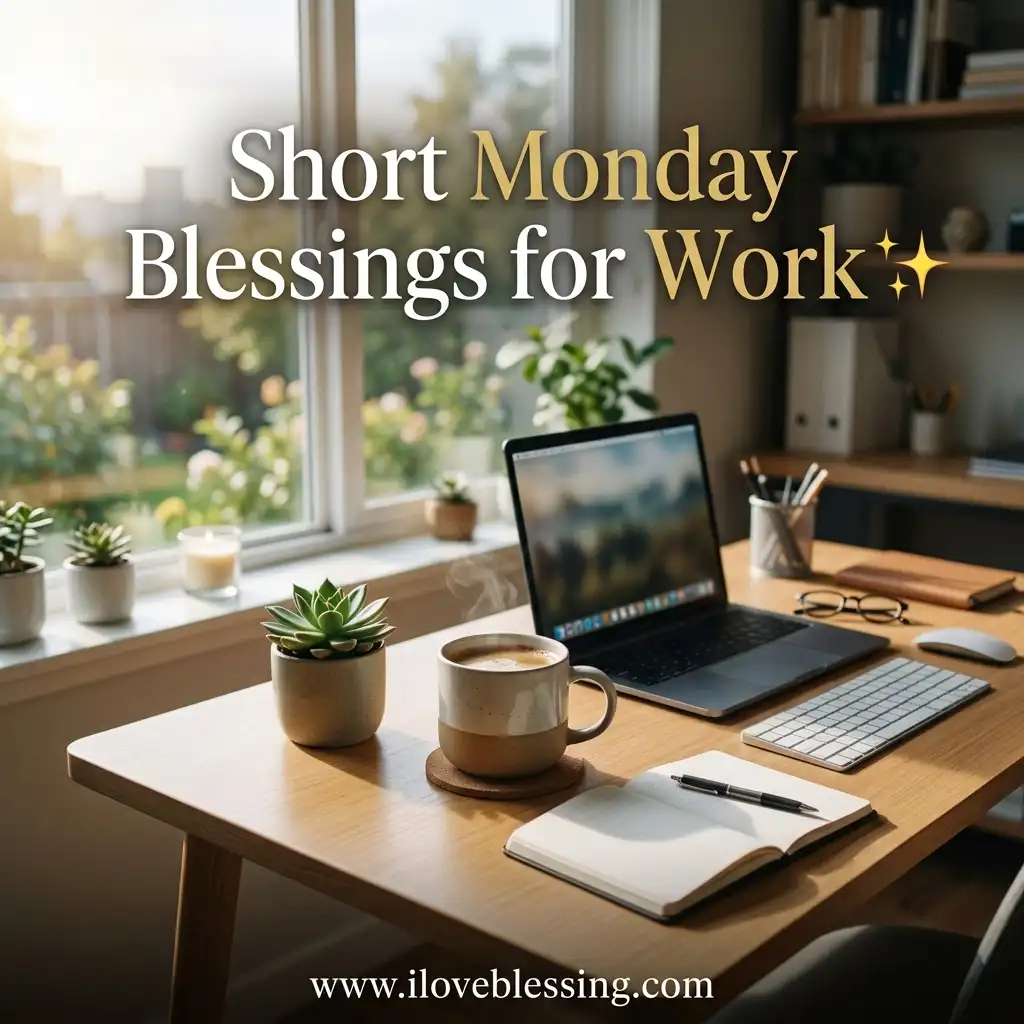 Home office desk with laptop, coffee mug, notebook, and succulents bathed in bright window light with text overlay reading "Short Monday Blessings for Work."