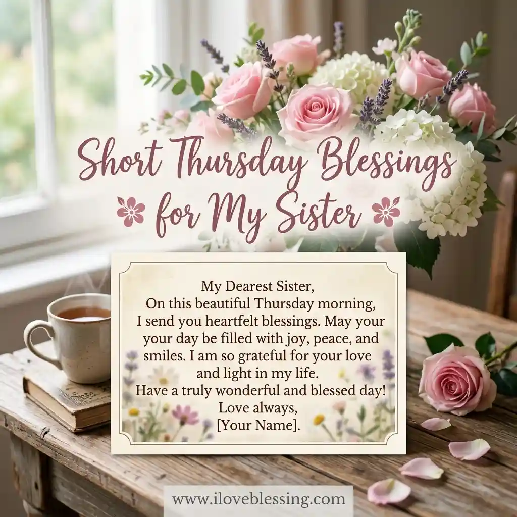 A bouquet of pink roses and white flowers decorates a wooden table with a coffee cup and books. Text reads: "Short Thursday Blessings for My Sister."