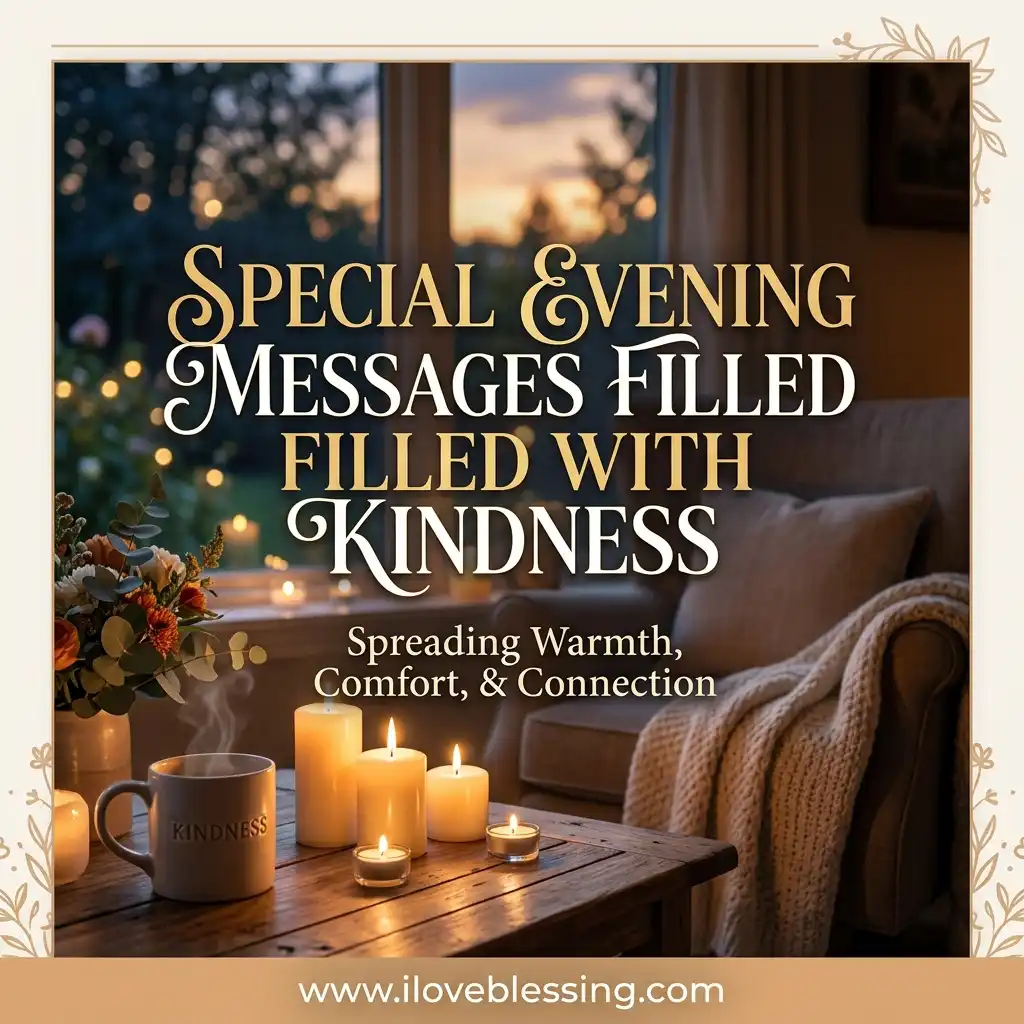 A cozy living room with a sofa, soft cushions, and a knitted throw. Lit candles and a "Kindness" mug sit on a wooden table.