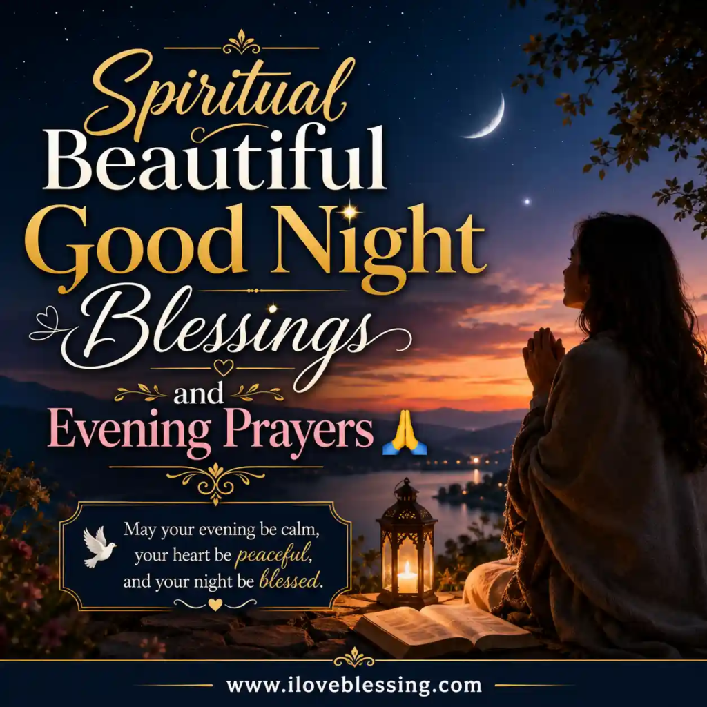 Spiritual good night blessings image with praying woman, moonlit sky, glowing lantern, evening lake view, and peaceful prayer message.