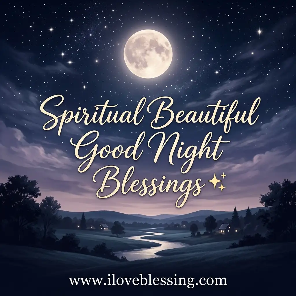 A nighttime landscape featuring a bright full moon and stars above rolling hills, a winding river, and small homes, overlaid with the text "Spiritual Beautiful Good Night Blessings" and a website address.