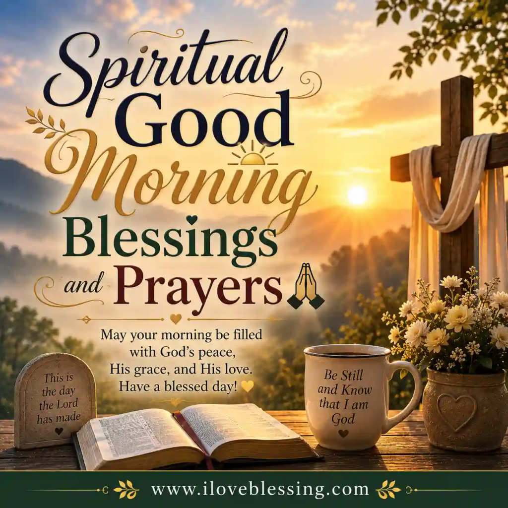 Spiritual good morning image with sunrise, cross, Bible, flowers, and prayer message, featuring peaceful blessings text