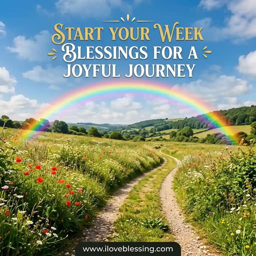 A vibrant rainbow arches over a picturesque country path, surrounded by lush green fields and wildflowers. Text reads, "Start Your Week, Blessings for a Joyful Journey."