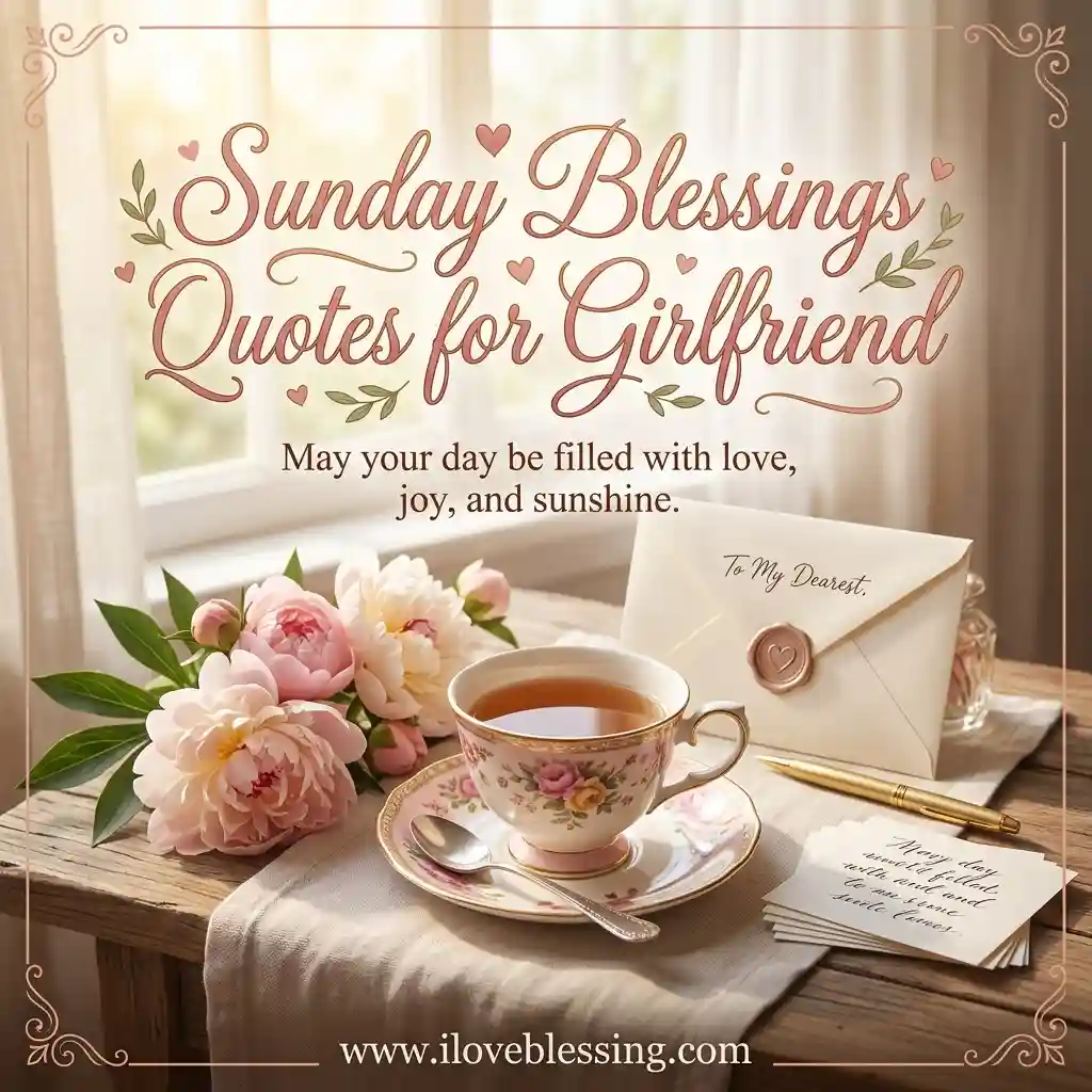 Romantic scene with "Sunday Blessings Quotes for Girlfriend" text. A teacup, pink flowers, and a love letter create a warm, loving atmosphere.