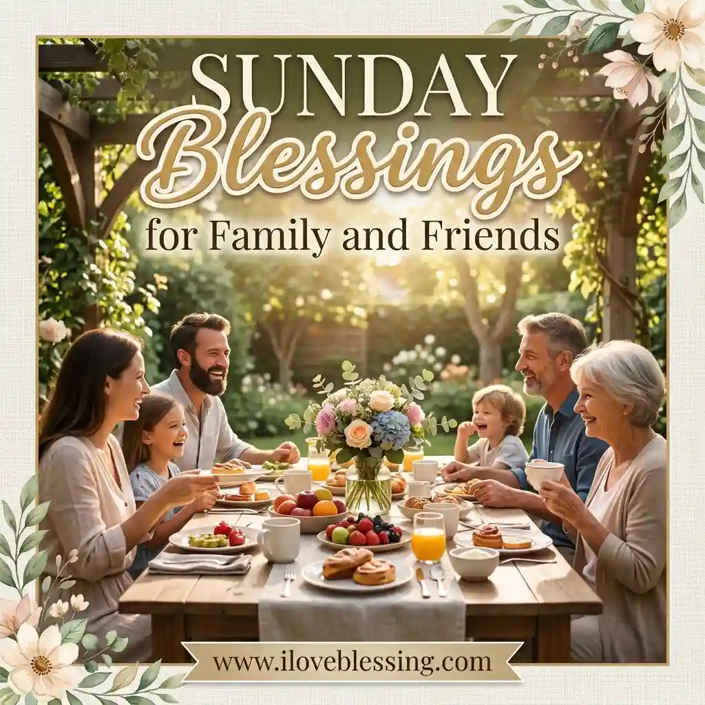 A joyful family breakfast outdoors with diverse ages, surrounded by lush greenery. A floral centerpiece and food on the table symbolize unity.