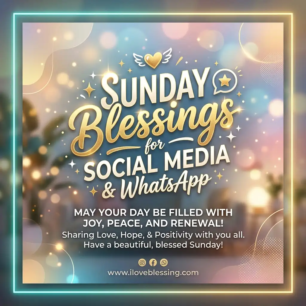 Gold text on a soft, blurred background reads 'Sunday Blessings for Social Media & WhatsApp.' Includes a wish for joy, peace, and renewal.