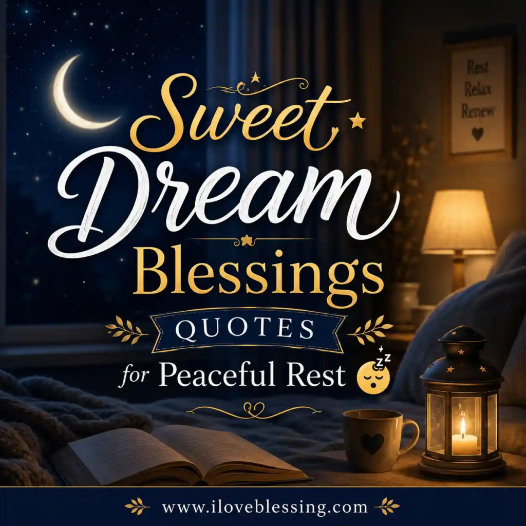 Peaceful night poster with moonlit bedroom, glowing lamp, stars, and elegant text reading “Sweet Dream Blessings Quotes for Peaceful Rest