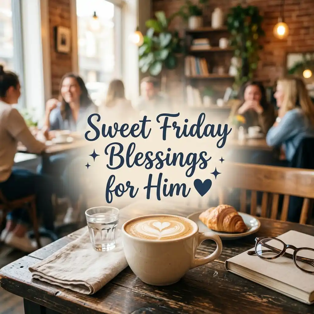 Coffee with latte art, a croissant, and glasses rests on a wooden table inside a bright cafe with blurred people socializing in the background, overlaid with text reading "Sweet Friday Blessings for Him."