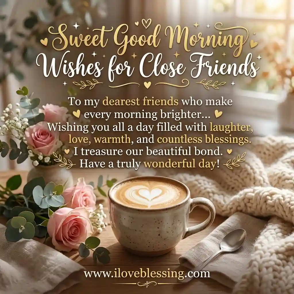 A cozy scene with a latte in a cup with a heart design, surrounded by pink roses and greenery. Text wishes good morning to friends, conveying warmth and friendship.