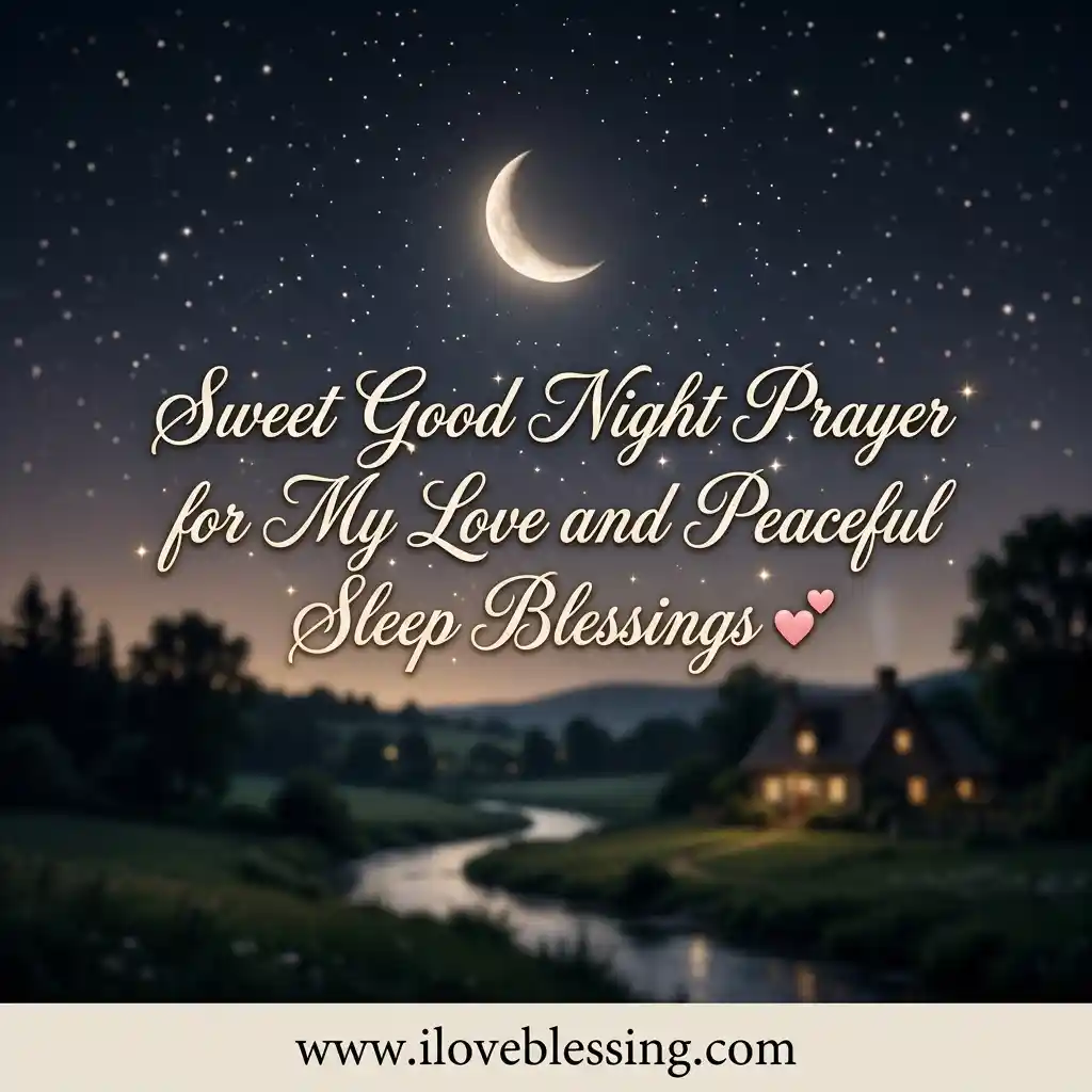 Night scene with crescent moon and stars over a serene landscape. Text reads, "Sweet Good Night Prayer for My Love and Peaceful Sleep Blessings."