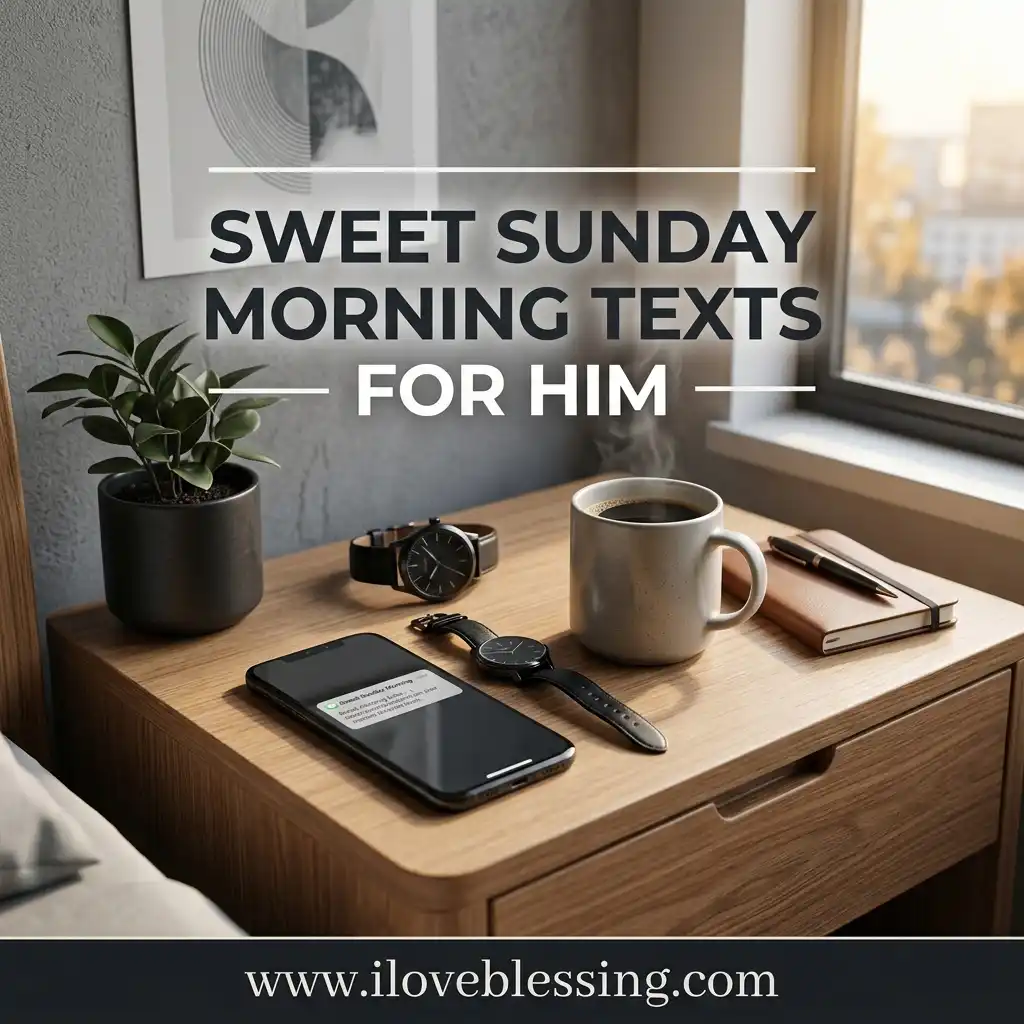 A cozy morning scene with a wooden nightstand holding a steaming mug, smartphone, watches, potted plant, notebooks, and text overlay: "Sweet Sunday Morning Texts for Him."