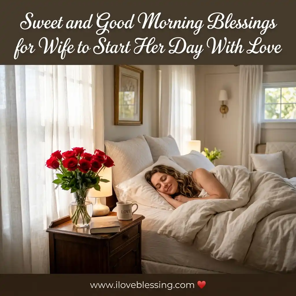 Woman peacefully sleeping in a cozy bed, with red roses and a "Love" mug on the nightstand, under soft morning light. Warm, loving atmosphere.