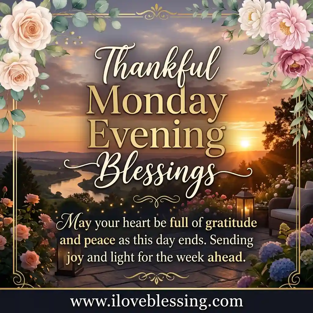 Sunset view with flowers framing text: 'Thankful Monday Evening Blessings.