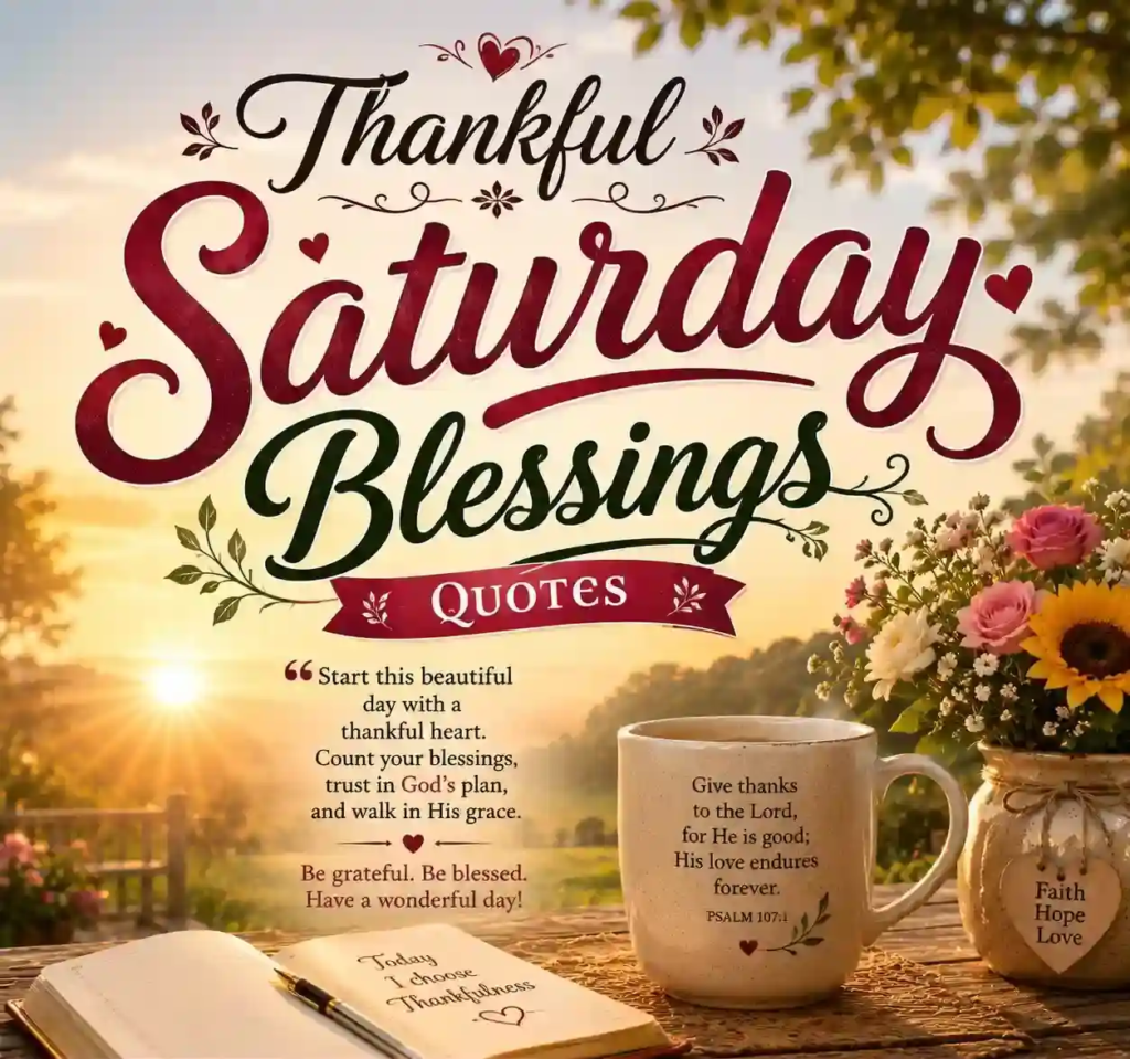 Thankful Saturday Blessings Quotes graphic with sunrise, flowers, gratitude journal and coffee mug, inspiring faith and thankfulness.