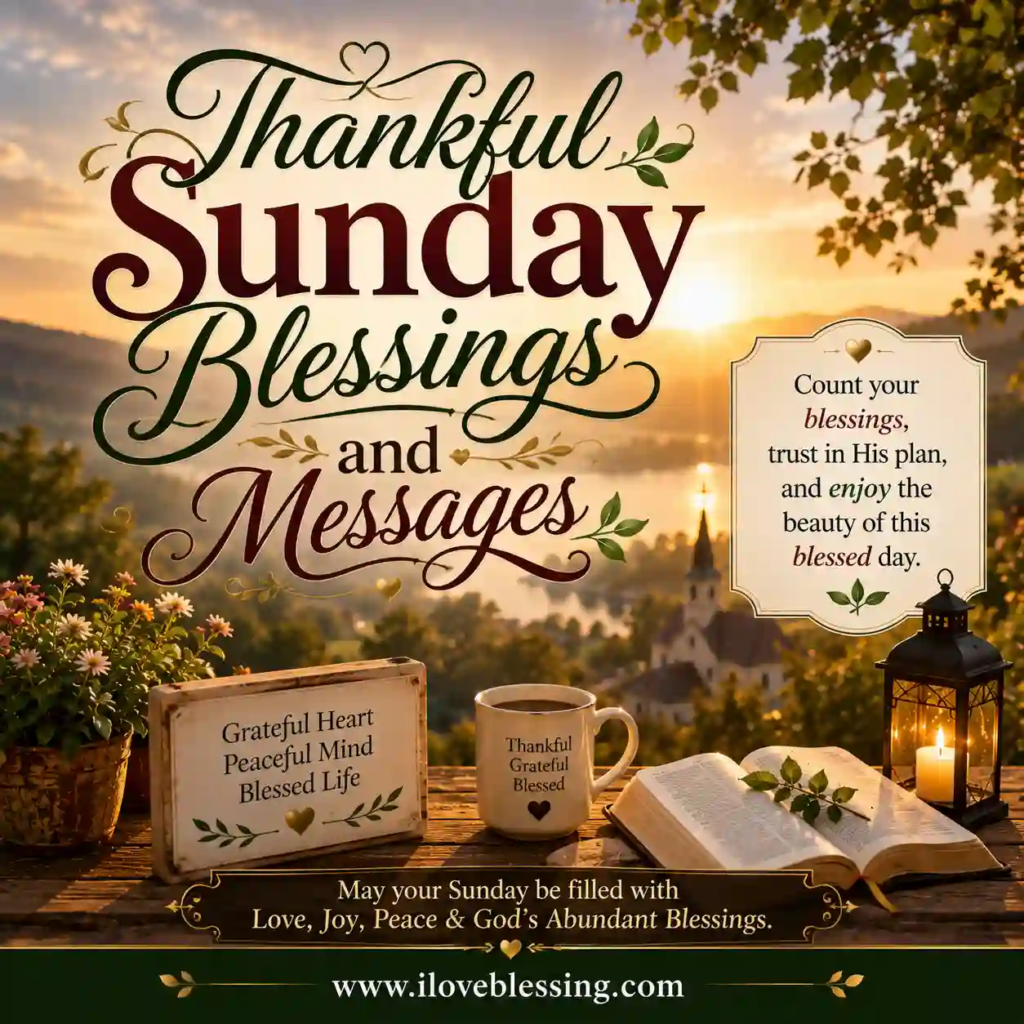 Cozy scene with "Thankful Sunday Blessings and Messages" text against a sunrise. Features flowers, a lantern, an open book, and a coffee mug on a wooden table, creating a peaceful and grateful ambiance.