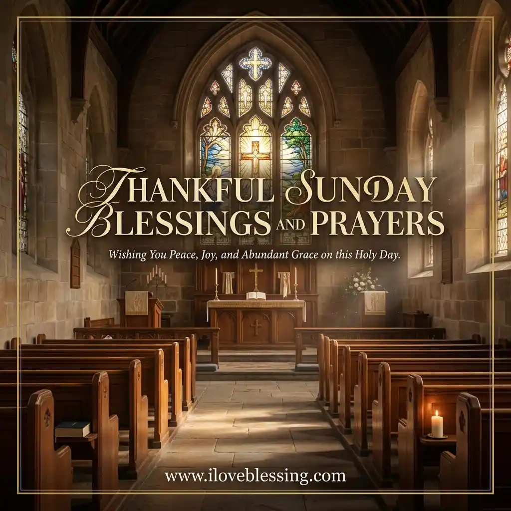 A serene church interior with wooden pews and a sunlit altar. Stained glass windows and warm lighting create a peaceful, reverent atmosphere. Text: "Thankful Sunday Blessings and Prayers."