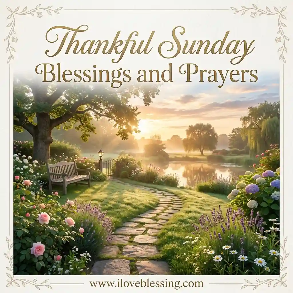 A serene garden scene at sunrise with blooming flowers, a stone path, and a peaceful bench. Text overlay reads, "Thankful Sunday Blessings and Prayers.