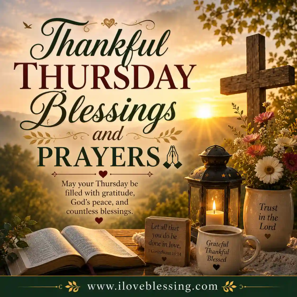 Thankful Thursday Blessings and Prayers" text. Open Bible, lantern, flowers, and cross evoke peace and gratitude. Warm colors.