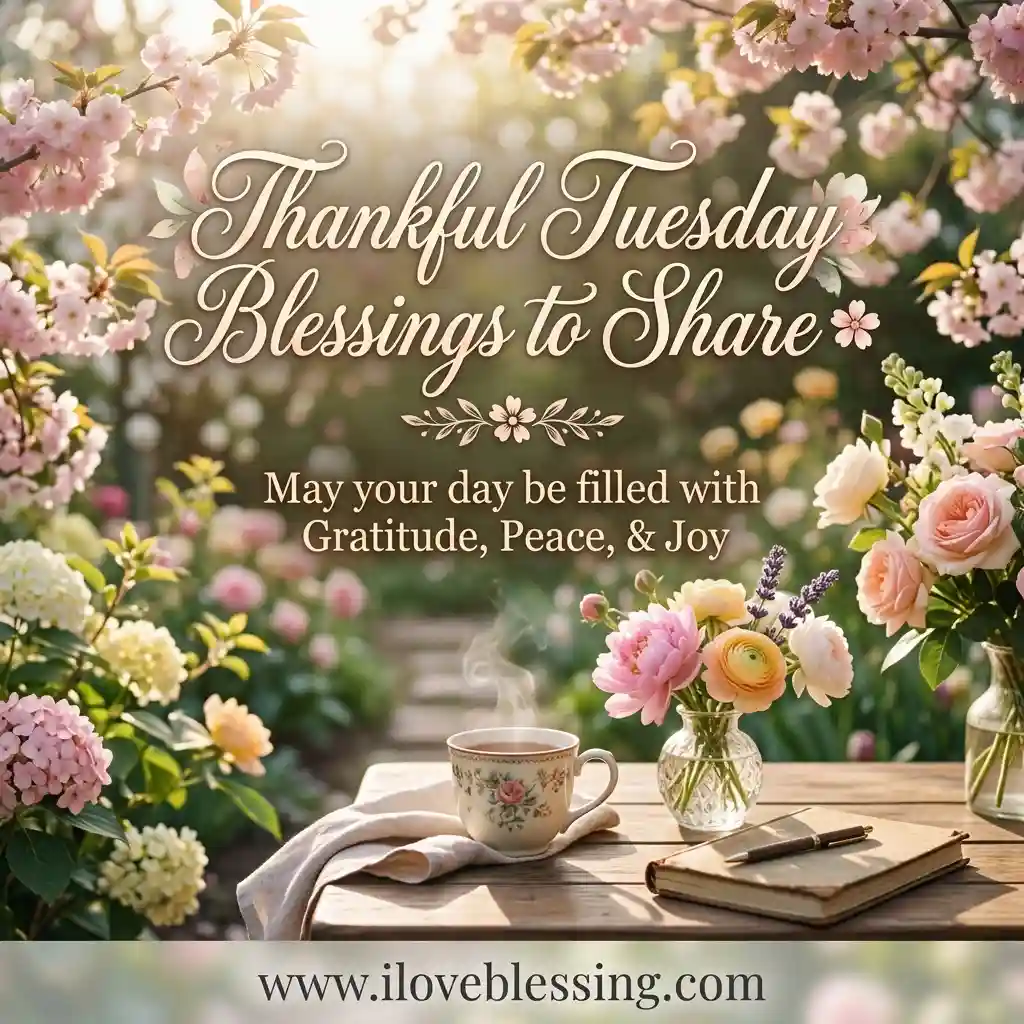 A serene garden scene with blooming flowers frames the text: "Thankful Tuesday Blessings to Share. May your day be filled with Gratitude, Peace, & Joy." A steaming teacup and bouquet on a wooden table create a peaceful, reflective mood.