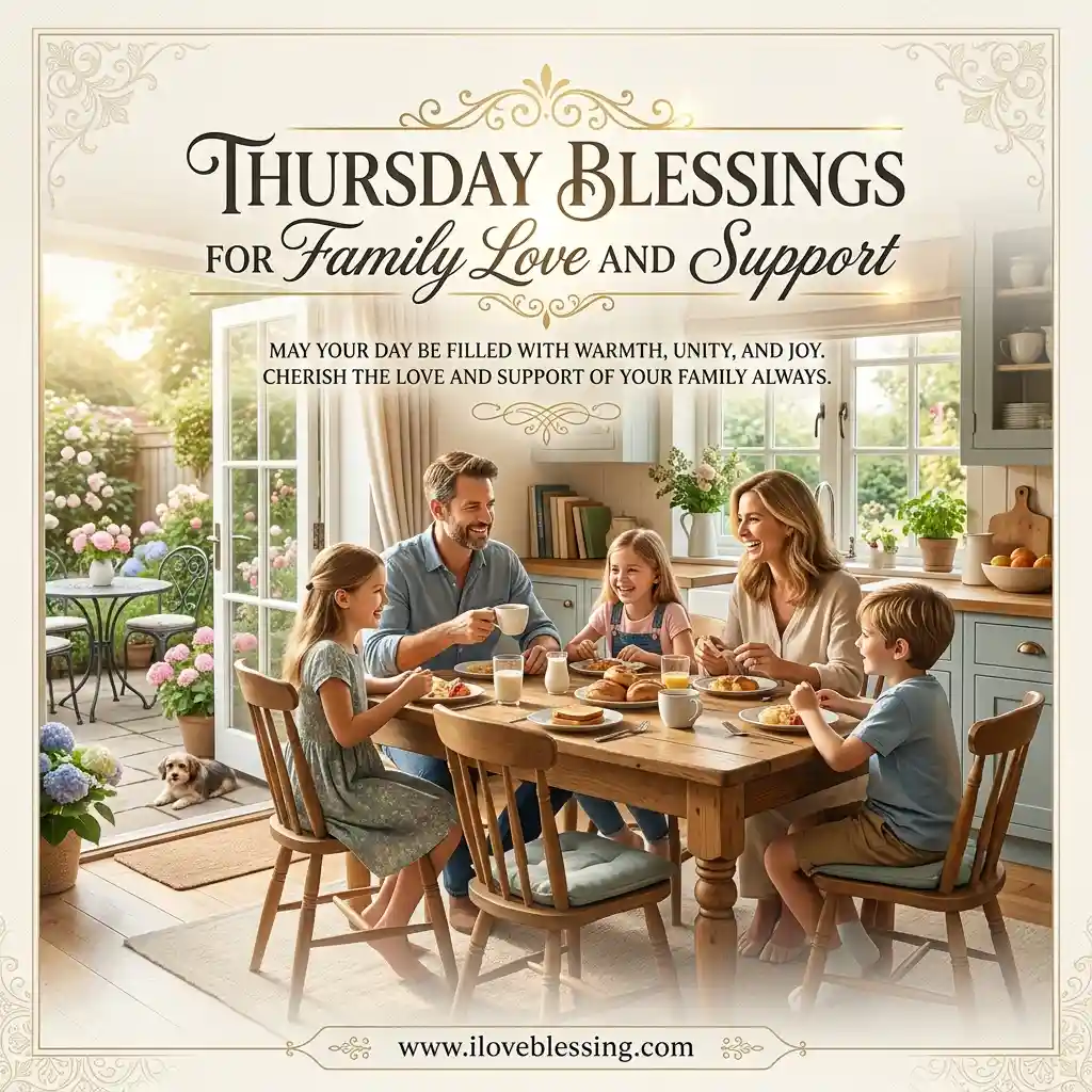 A family of five shares breakfast in a sunlit kitchen, smiling and joyful. Text reads βThursday Blessings for Family Love and Support.β Cozy and loving atmosphere.