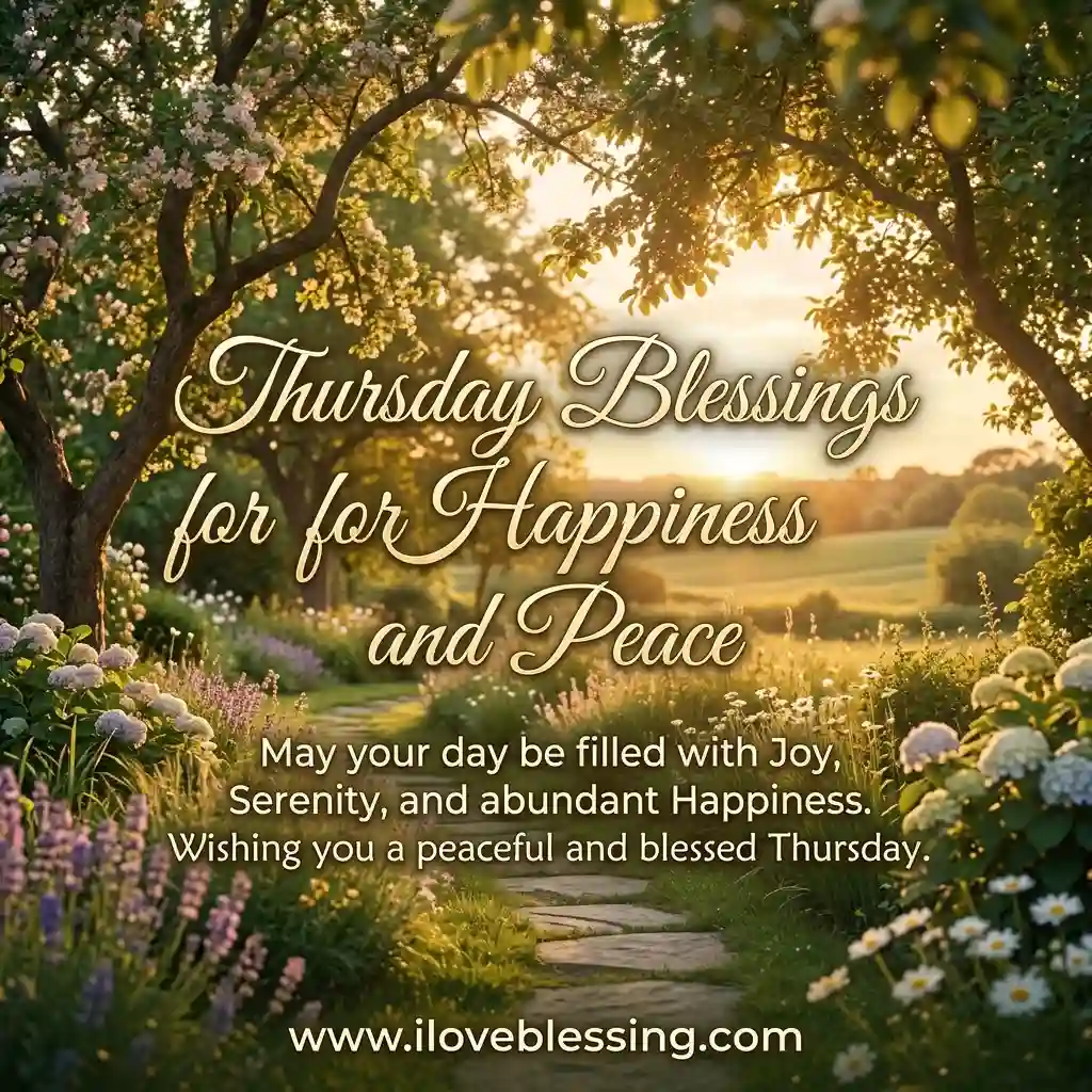 A tranquil garden with trees and flowers at sunset, text overlay reads "Thursday Blessings for Happiness and Peace." A tone of joy and serenity.