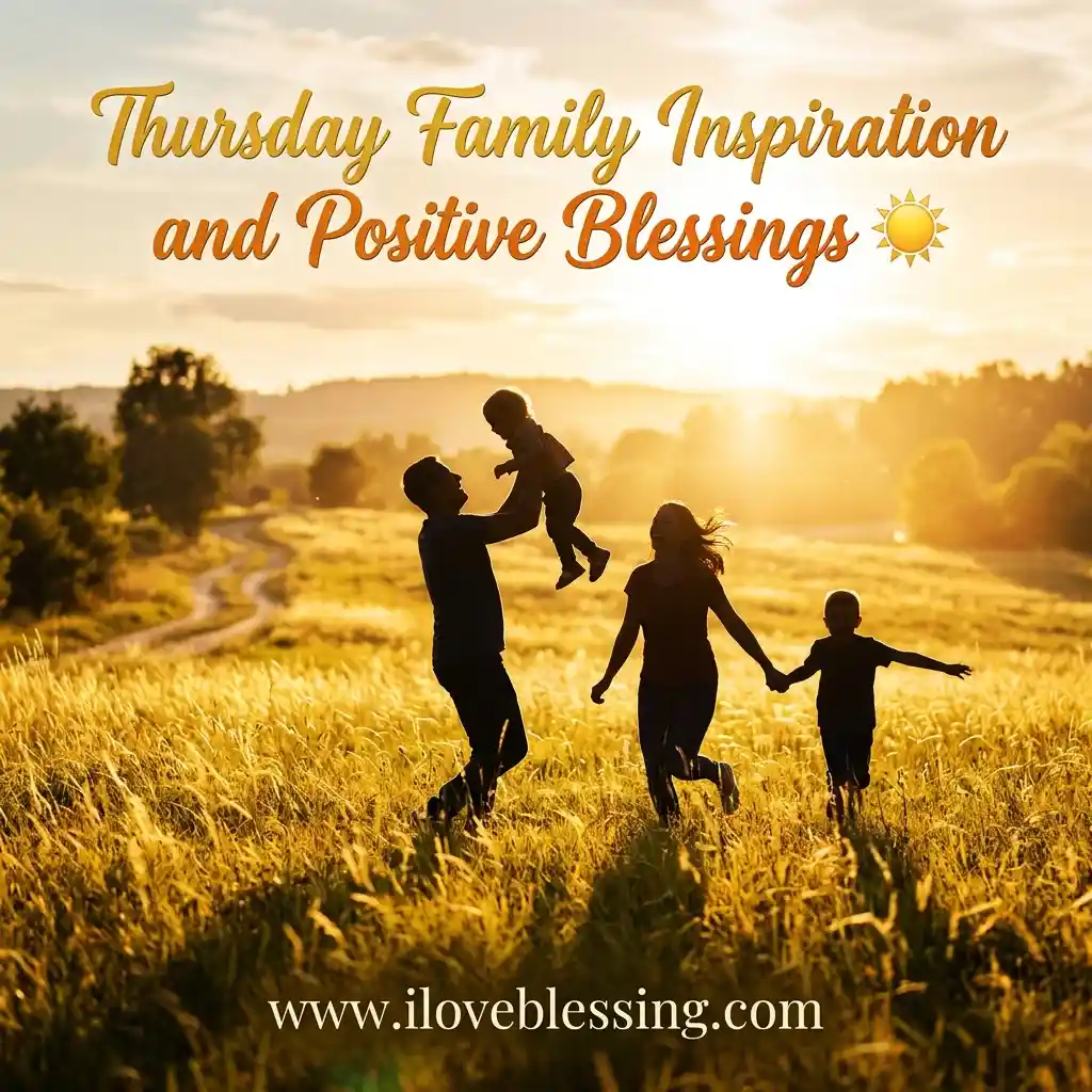 A silhouetted family of four joyfully plays in a sunlit field, evoking warmth and happiness. Text: "Thursday Family Inspiration and Positive Blessings."