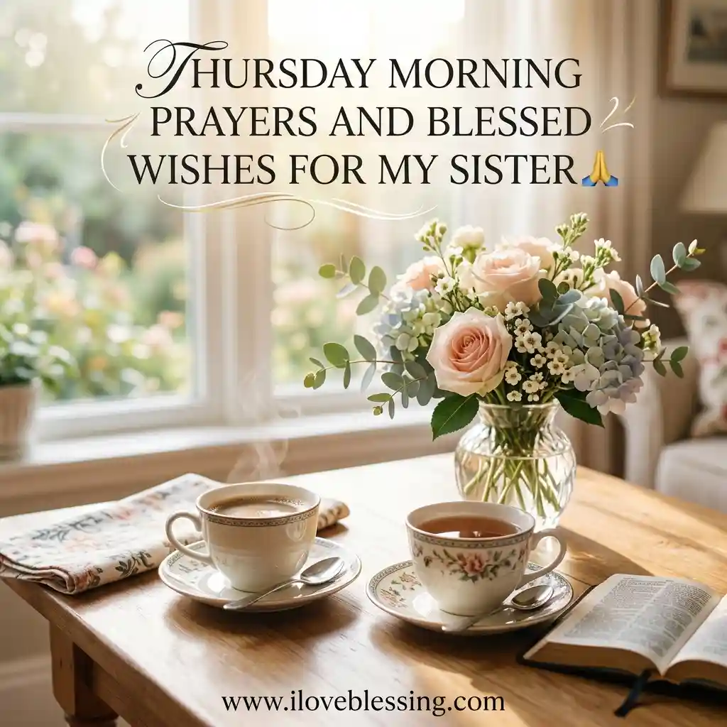 A cozy morning scene with two steaming teacups, an open book, and a vase of pastel flowers on a table, with text: "Thursday Morning Prayers and Blessed Wishes for My Sister."