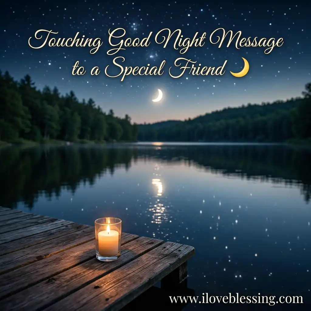 A lit candle on a wooden dock reflects on a starry night lake with a crescent moon above dark, tree-lined hills, overlaid with "Touching Good Night Message to a Special Friend."
