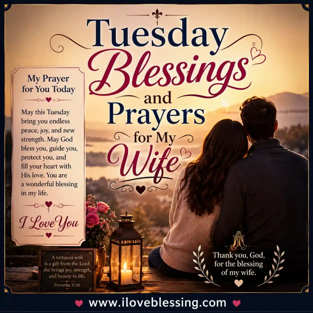 Romantic Tuesday blessings image for wife with sunset couple scene, prayer message, elegant typography, and warm lantern lights.