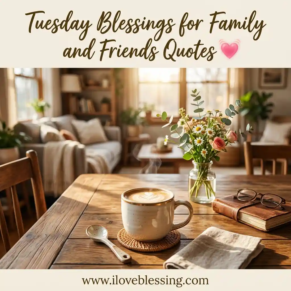 Cozy living room scene with a steaming coffee cup on a wooden table, alongside a bouquet, books, and glasses. Text: "Tuesday Blessings for Family and Friends Quotes" with heart emoji.