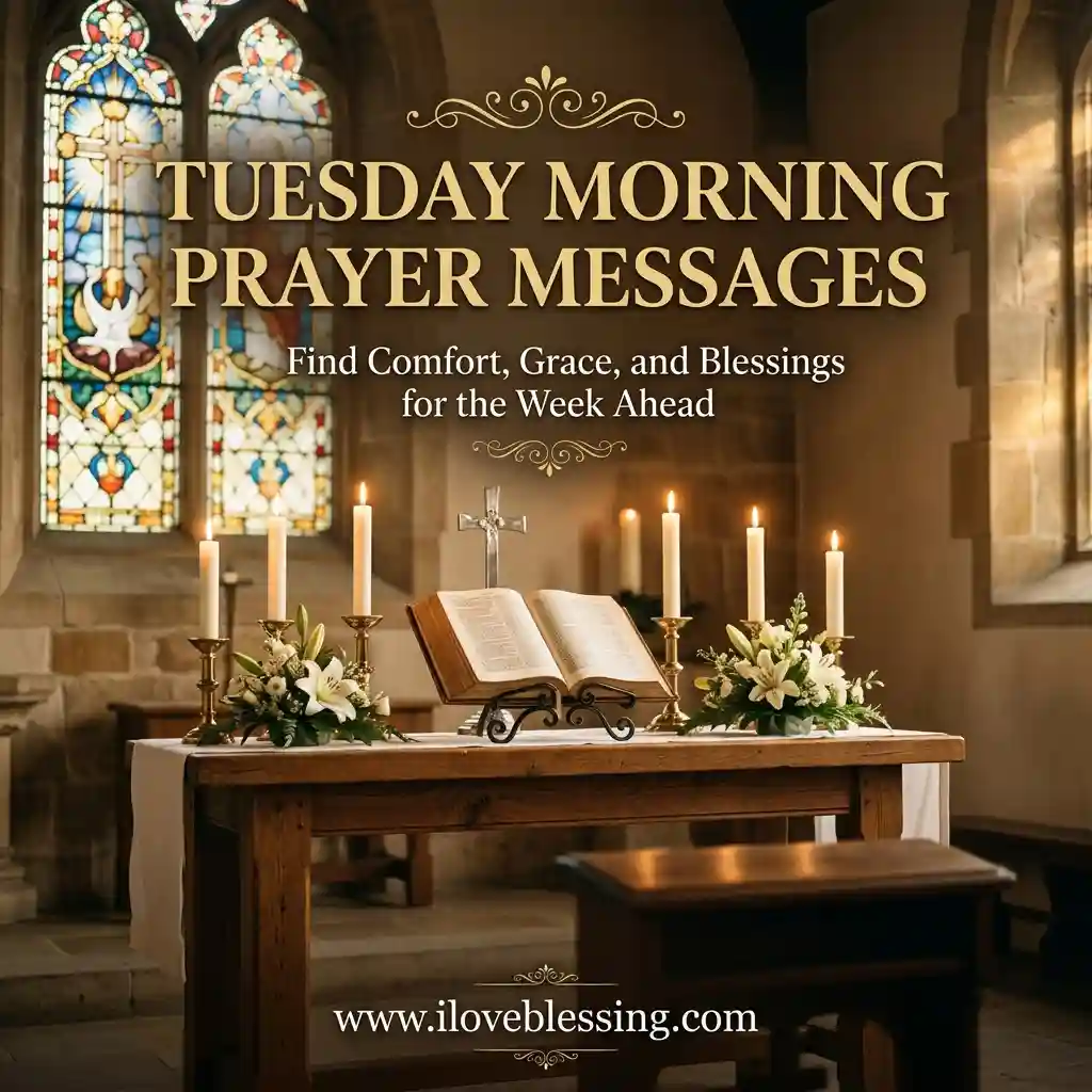 A serene church altar with lit candles, an open Bible, and white flowers. Stained glass windows shine softly. Text reads: "Tuesday Morning Prayer Messages."
