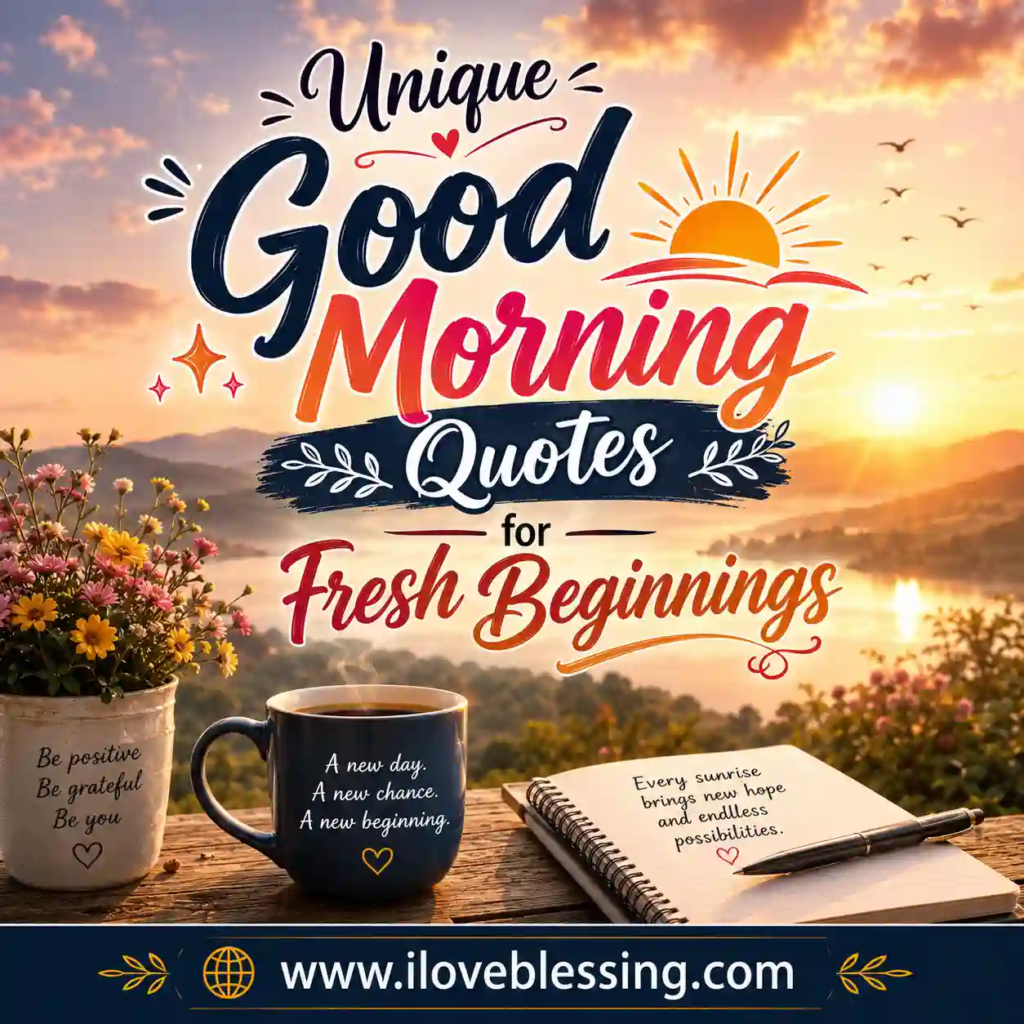 Square sunrise scene with mountains, flowers, coffee cup, notebook, uplifting quote text, and footer