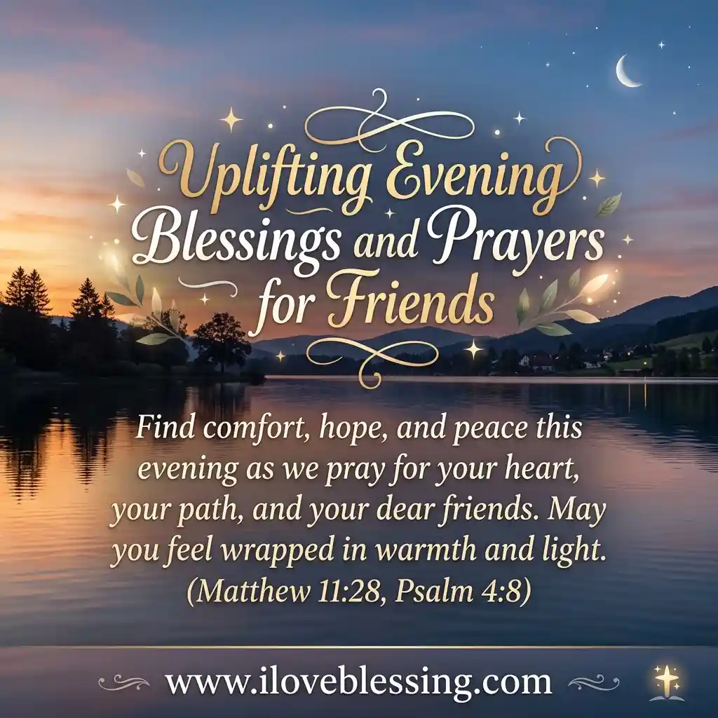 Uplifting evening message over a serene lake sunset with stars and crescent moon. Text offers prayers for comfort and warmth. Website link included.