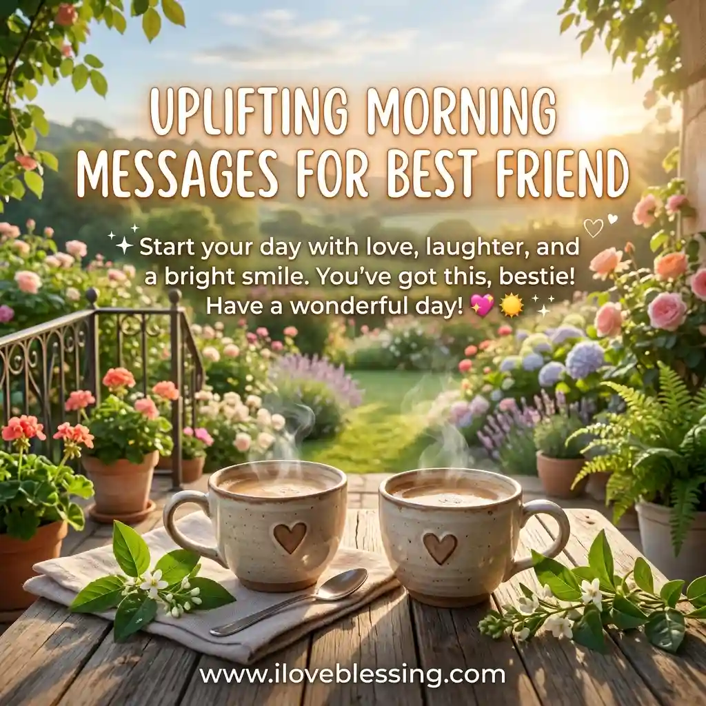 Two steaming mugs of coffee with heart designs sit on a wooden table in a lush garden