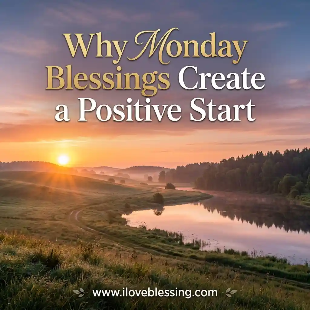 Sunrise over a tranquil river with vibrant sky and lush landscape. Text reads "Why Monday Blessings Create a Positive Start" and "www.iloveblessing.com".