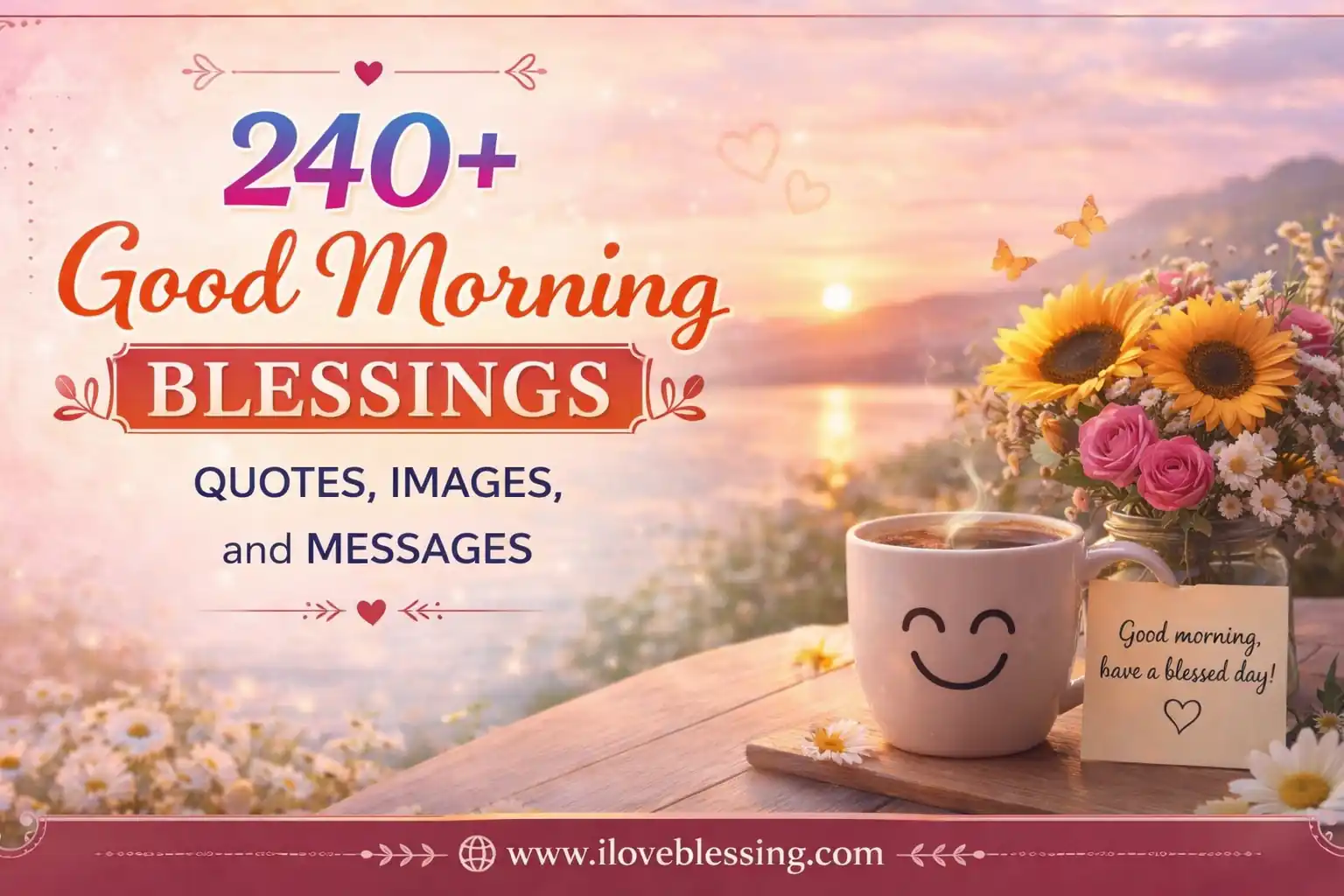 Good morning blessings featured image with sunrise lake view, coffee mug, flowers, and uplifting quotes, messages, and blessings text.