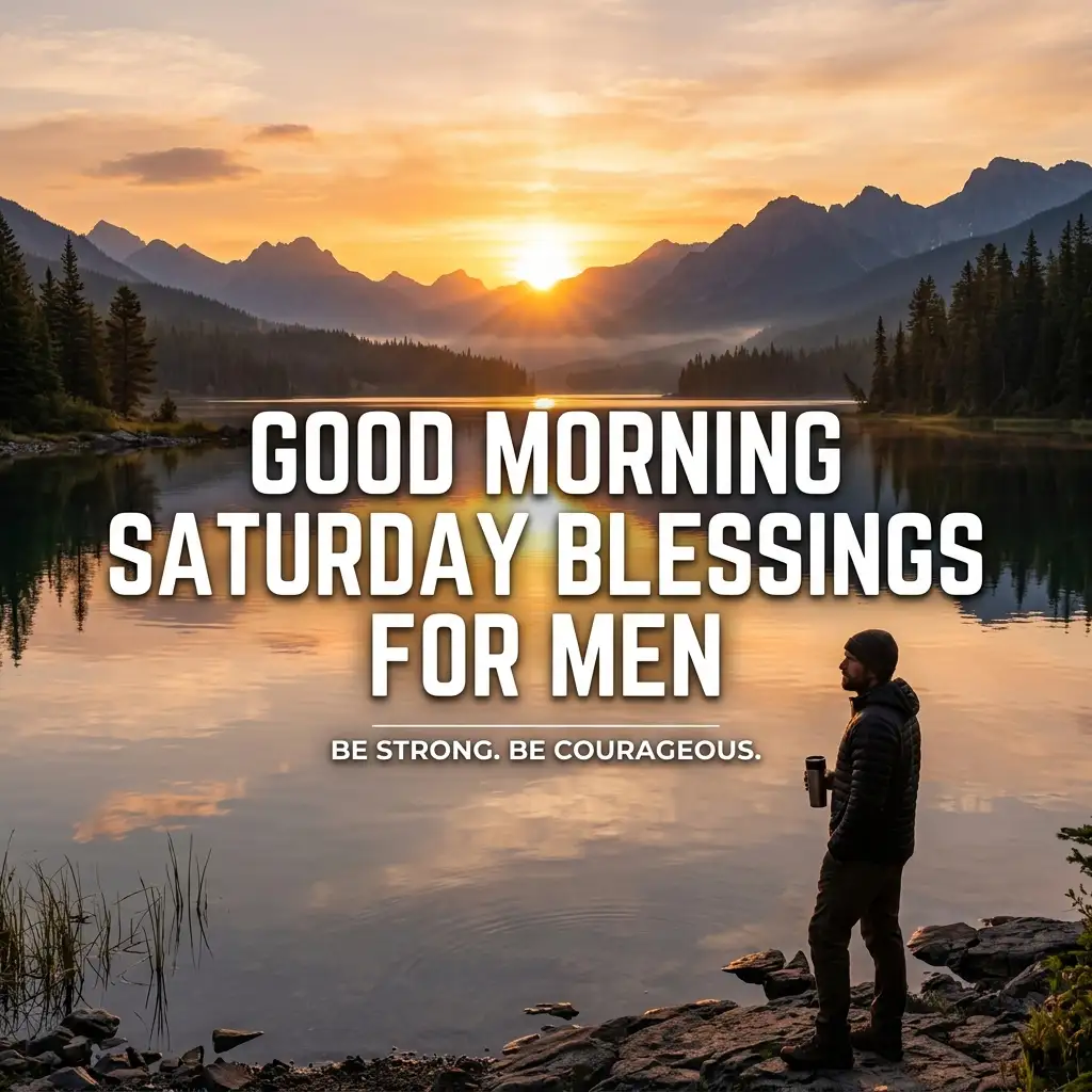 A man stands by a tranquil lake at sunrise, with mountains in the background. Text reads, "Good Morning Saturday Blessings for Men. Be Strong. Be Courageous."