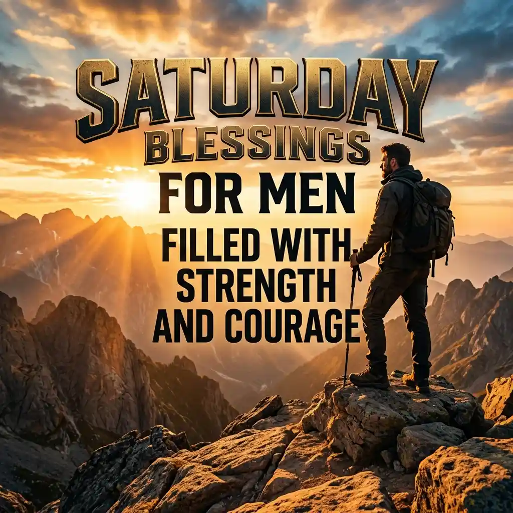 Inspirational graphic with bold text reading "SATURDAY BLESSINGS FOR MEN FILLED WITH STRENGTH AND COURAGE" over a hiker standing on a rocky peak at sunrise.