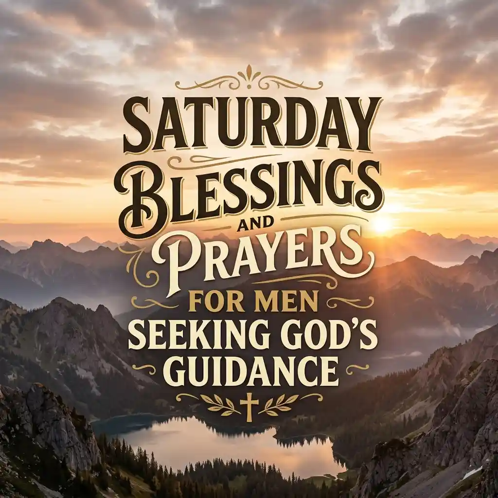 Inspirational graphic featuring ornate text reading "Saturday Blessings and Prayers for Men Seeking God's Guidance" overlaid on a sunrise over mountainous terrain with a lake below.