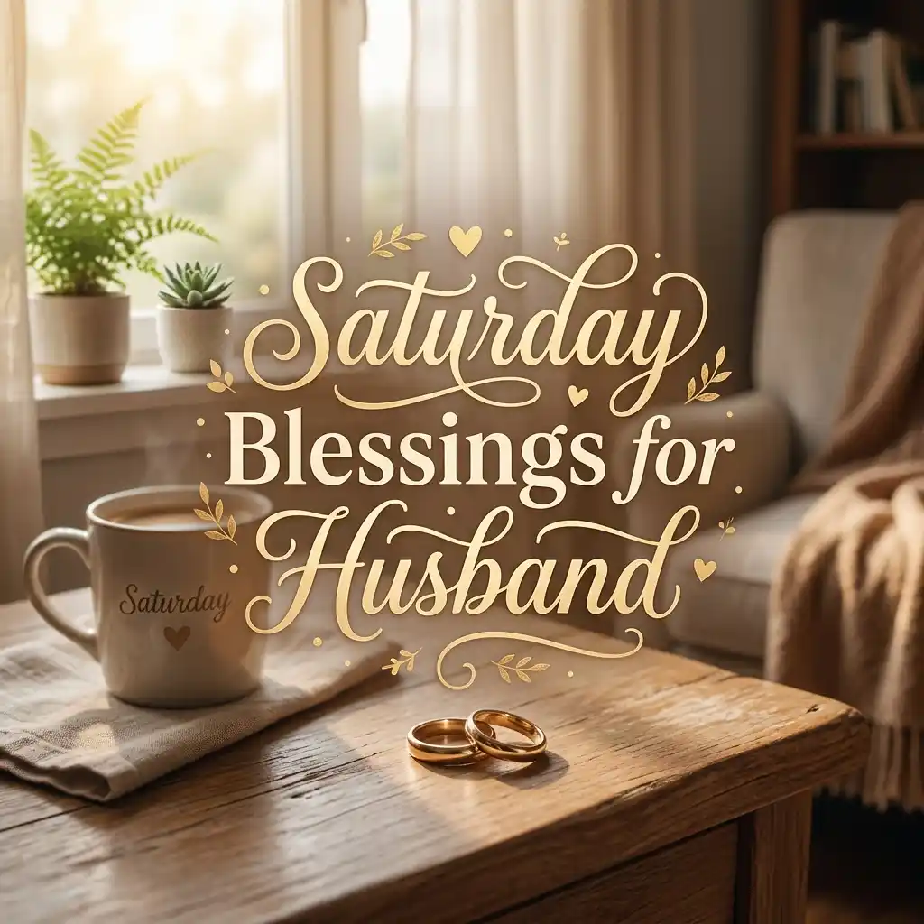Golden script reading "Saturday Blessings for Husband" overlays a cozy indoor scene featuring a coffee mug and two wedding rings on a wooden table near a sunlit window with potted plants.