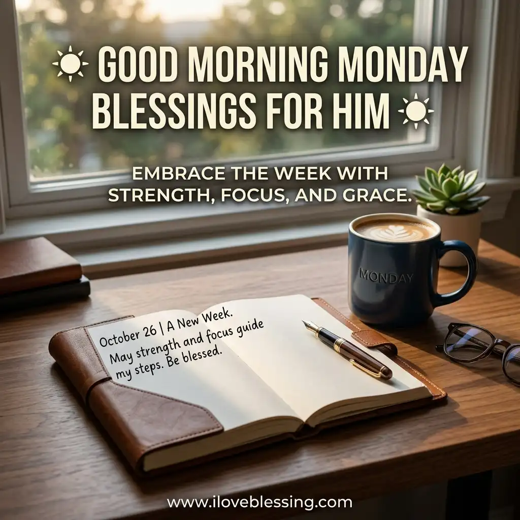 Good Morning Monday blessings image showing an open leather-bound journal, a dark blue coffee mug labeled "MONDAY," and reading glasses on a wooden desk near a bright window.