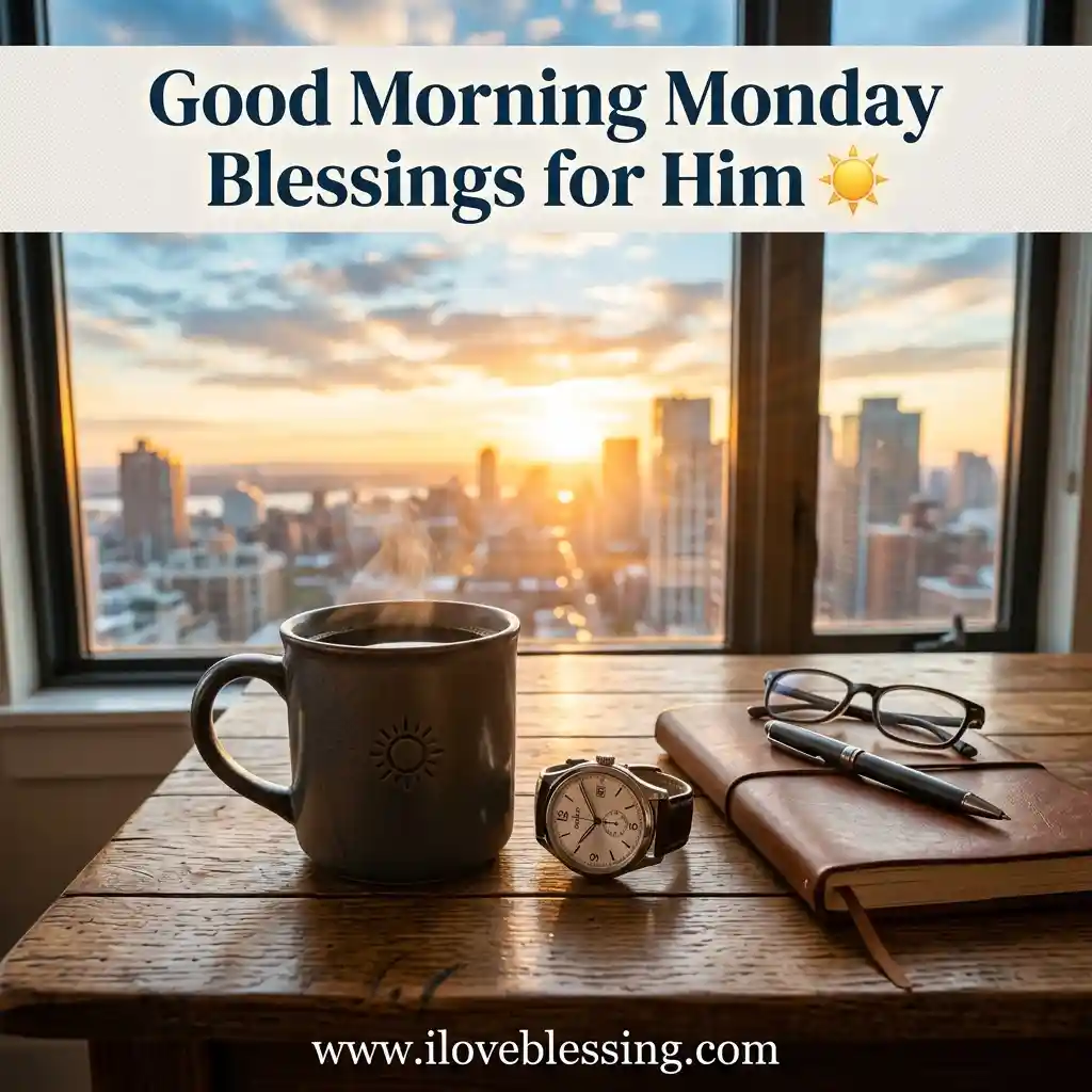 Steaming mug of coffee, a wristwatch, glasses, and a notebook rest on a wooden table with a bright city sunrise visible through the window above.